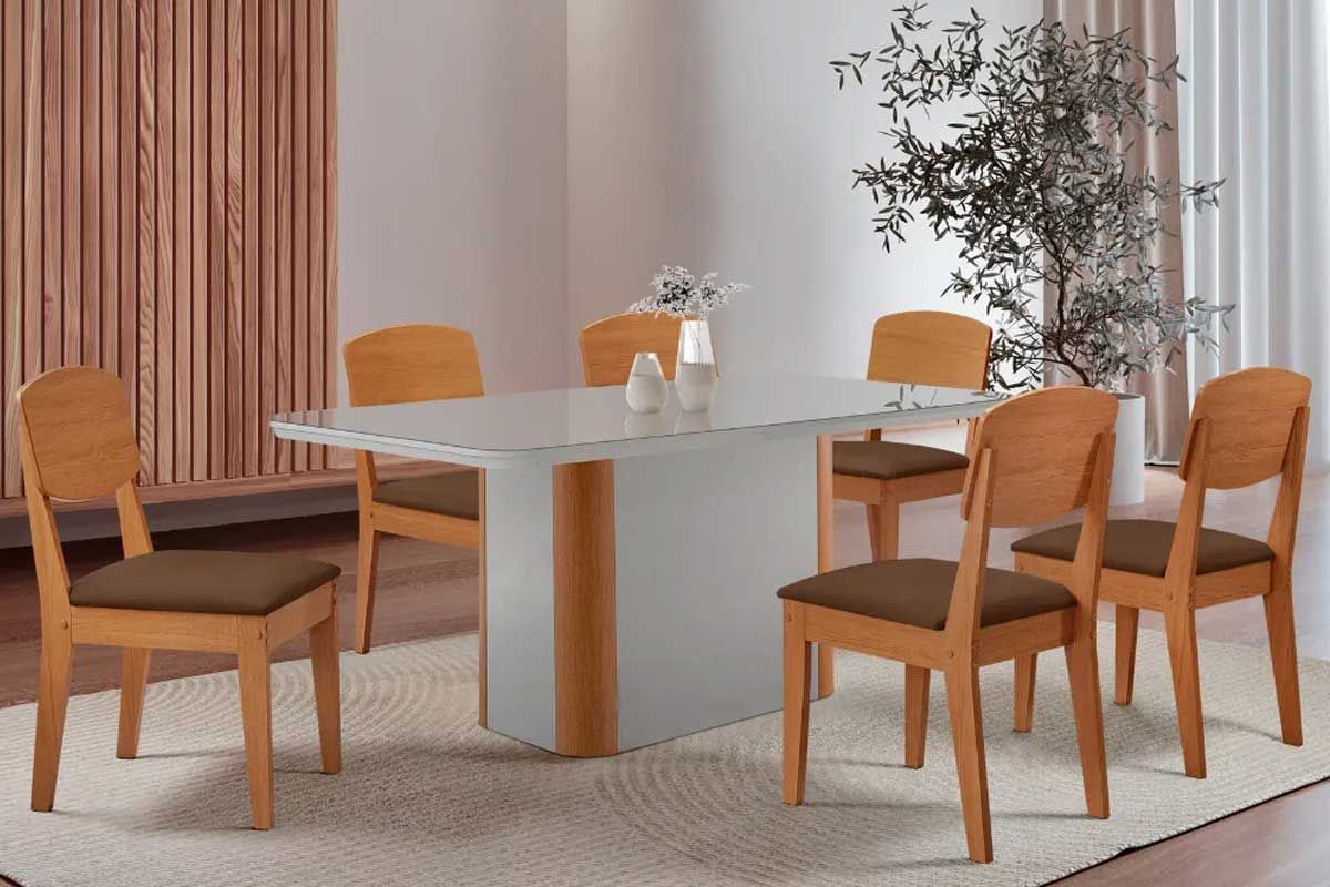 Sala Jantar Mesa Pietá c/ Tampo Madeirado c/ Vidro Canto Curvo 180x90cm e 6 Cadeiras Havana - Rufato