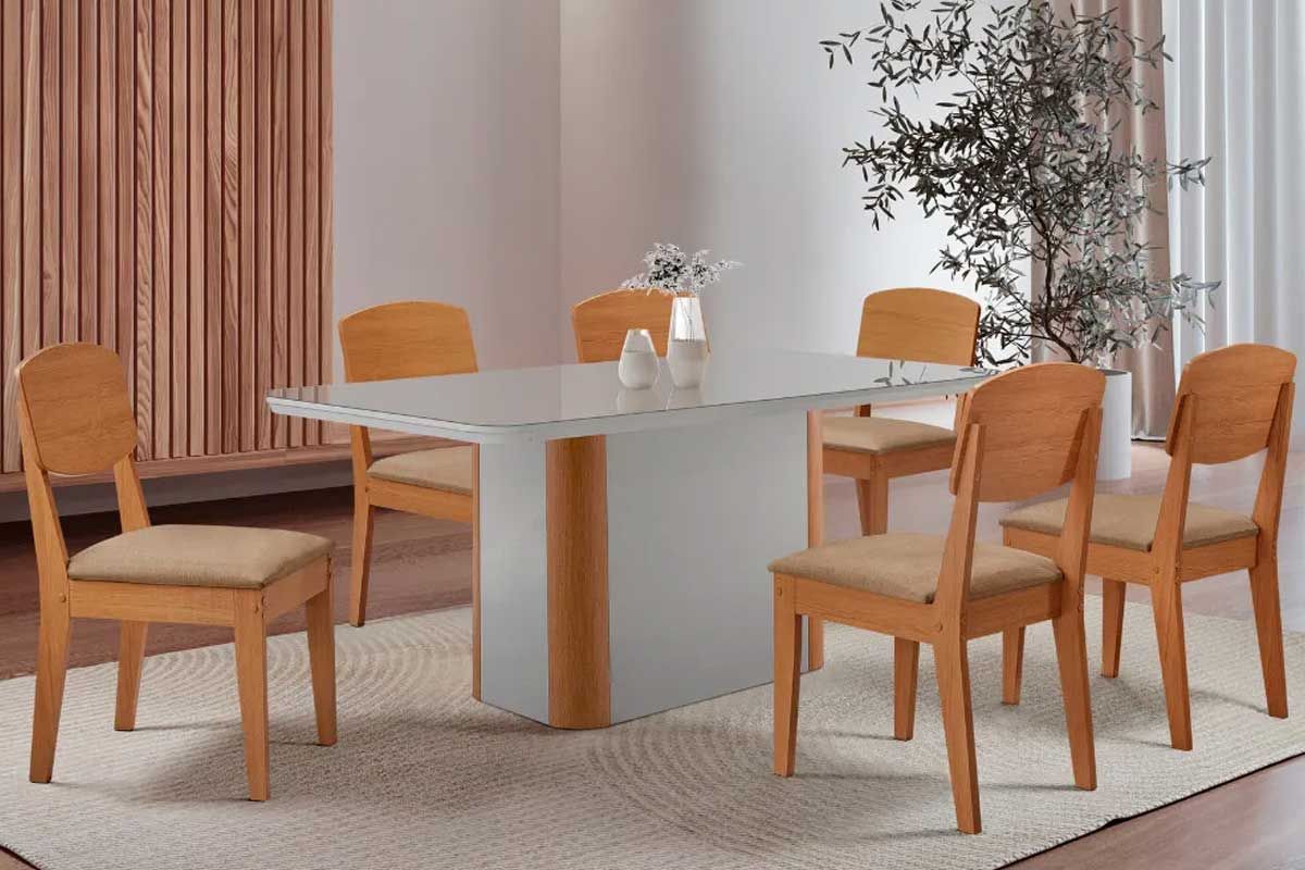Sala Jantar Mesa Pietá c/ Tampo Madeirado c/ Vidro Canto Curvo 180x90cm e 6 Cadeiras Havana - Rufato