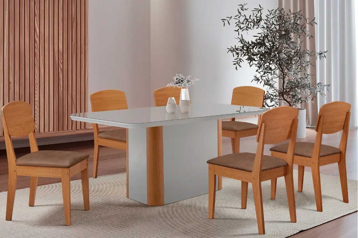 Sala Jantar Mesa Pietá c/ Tampo Madeirado c/ Vidro Canto Curvo 180x90cm e 6 Cadeiras Havana - Rufato