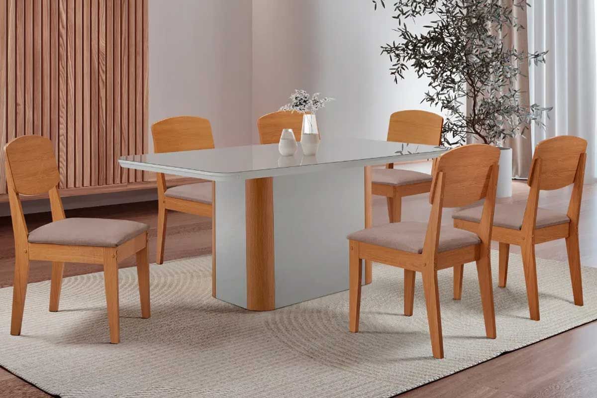 Sala Jantar Mesa Pietá c/ Tampo Madeirado c/ Vidro Canto Curvo 180x90cm e 6 Cadeiras Havana - Rufato