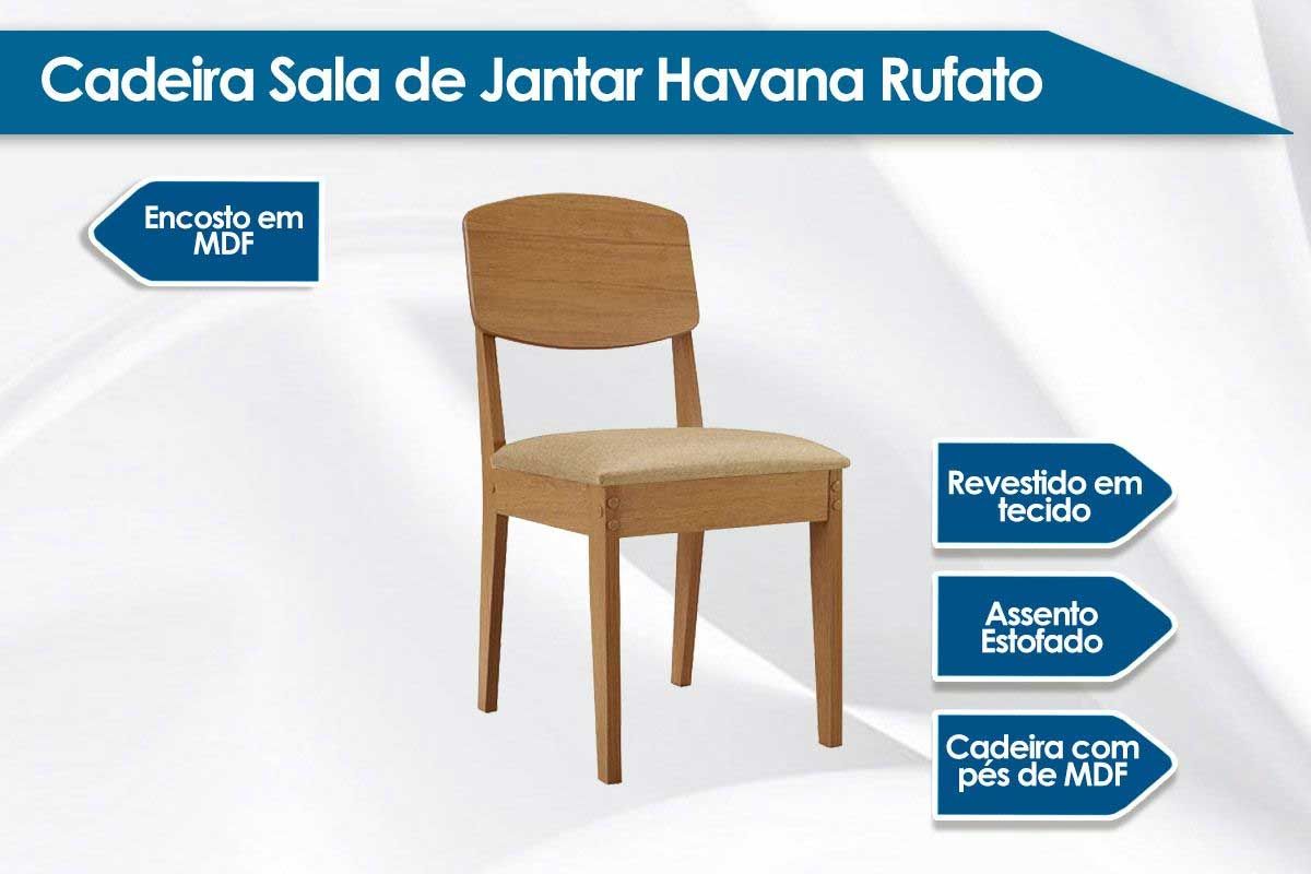 Sala Jantar Mesa Pietá c/ Tampo Madeirado c/ Vidro Canto Curvo 180x90cm e 6 Cadeiras Havana - Rufato