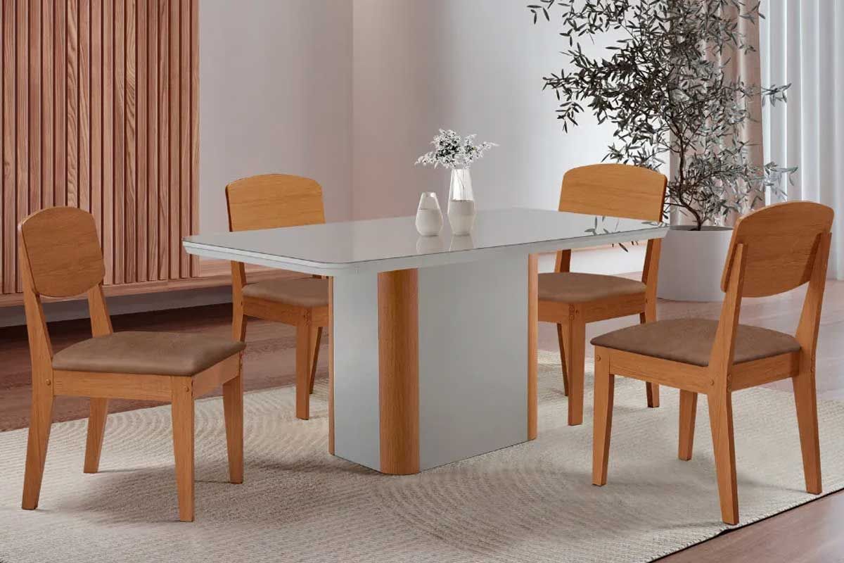 Sala Jantar Mesa Pietá c/ Tampo Madeirado c/ Vidro Canto Curvo 120x80cm e 4 Cadeiras Havana - Rufato