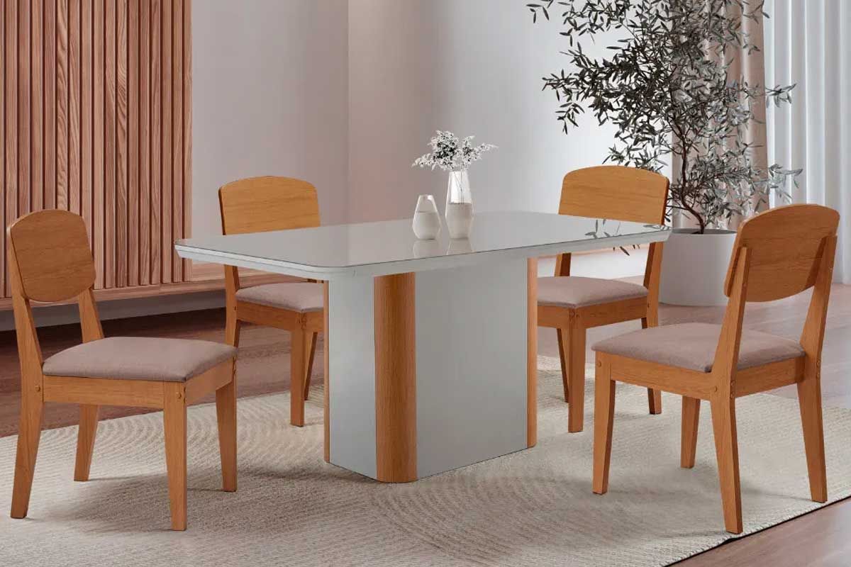 Sala Jantar Mesa Pietá c/ Tampo Madeirado c/ Vidro Canto Curvo 120x80cm e 4 Cadeiras Havana - Rufato