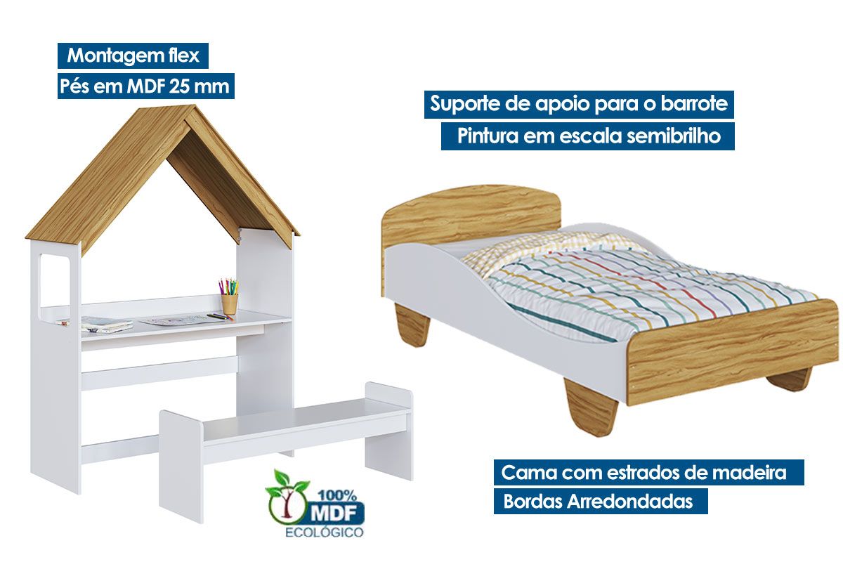 Quarto Infantil Completo 2 Peças (Cama+Escrivaninha) - Peroba