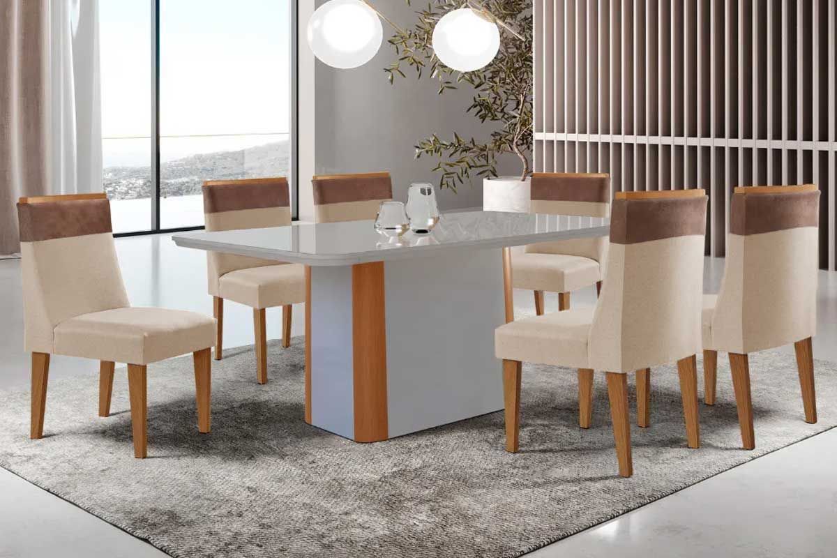 Sala Jantar Mesa Pietá Curvo 180cm + 6 Cadeiras Jaspe Madeira - Rufato