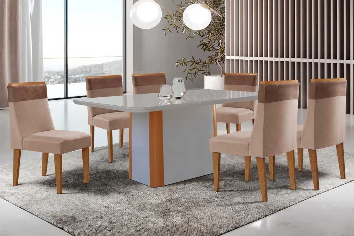 Sala Jantar Mesa Pietá Curvo 180cm + 6 Cadeiras Jaspe Madeira - Rufato