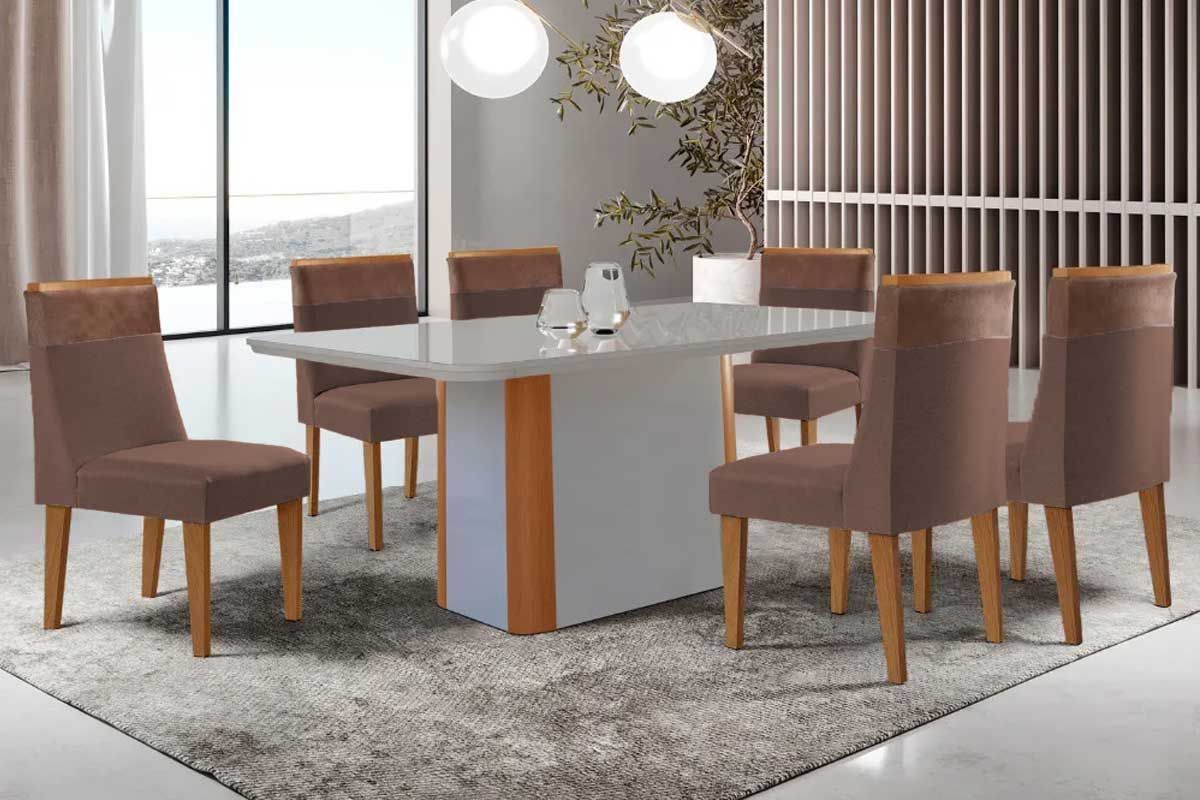 Sala Jantar Mesa Pietá Curvo 180cm + 6 Cadeiras Jaspe Madeira - Rufato