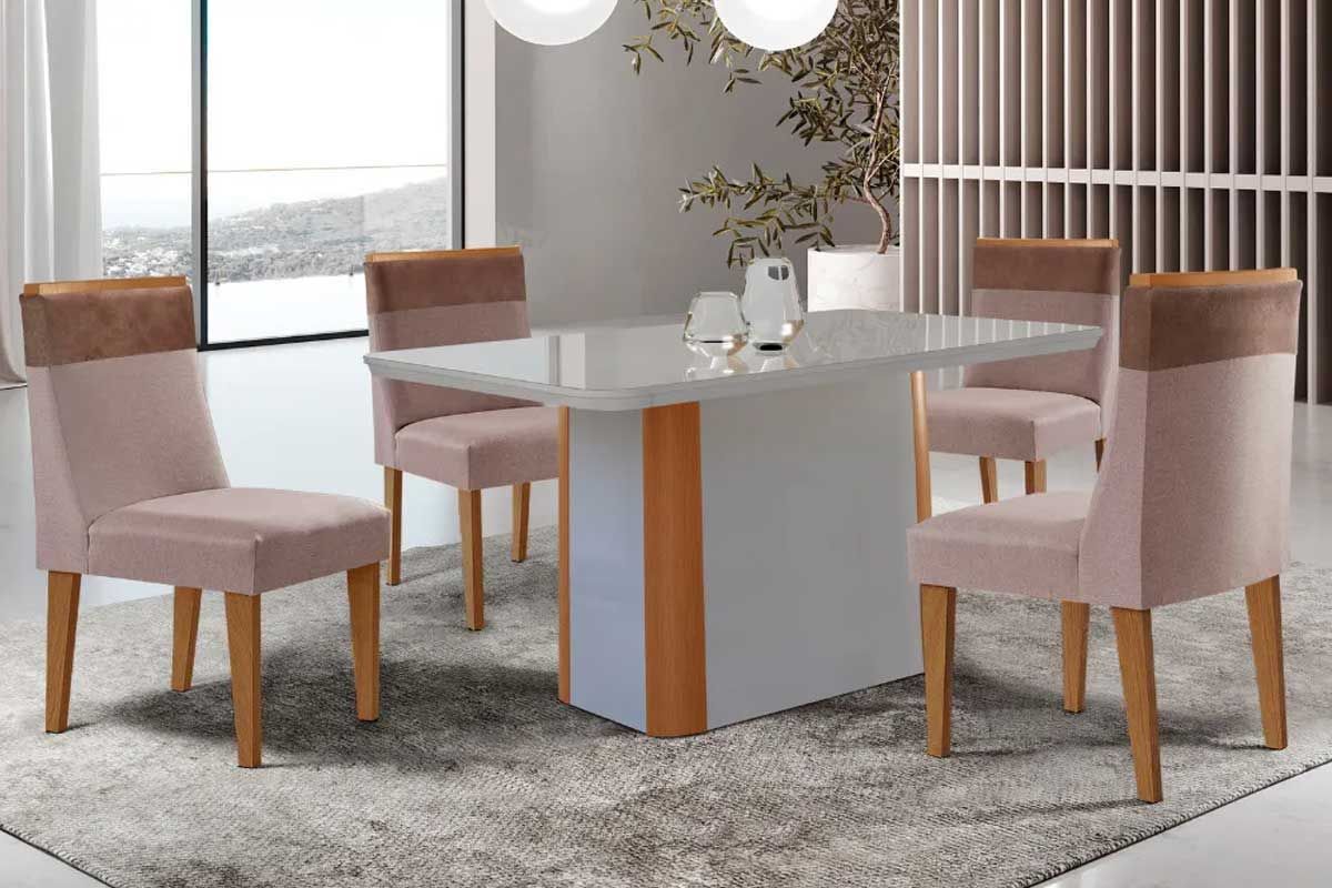 Sala Jantar Mesa Pietá Curvo 120cm + 4 Cadeiras Jaspe Madeira - Rufato