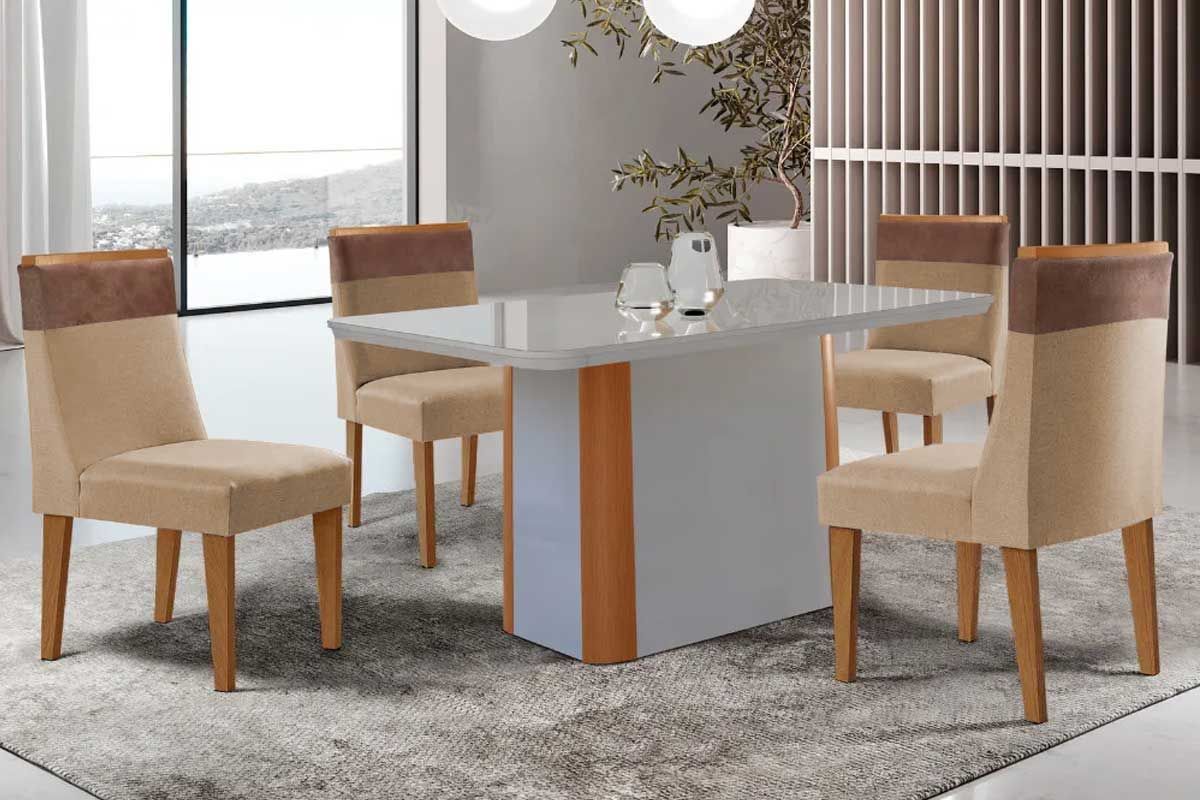 Sala Jantar Mesa Pietá Curvo 120cm + 4 Cadeiras Jaspe Madeira - Rufato