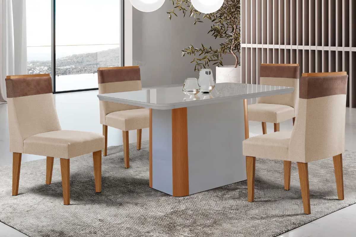 Sala Jantar Mesa Pietá Curvo 120cm + 4 Cadeiras Jaspe Madeira - Rufato