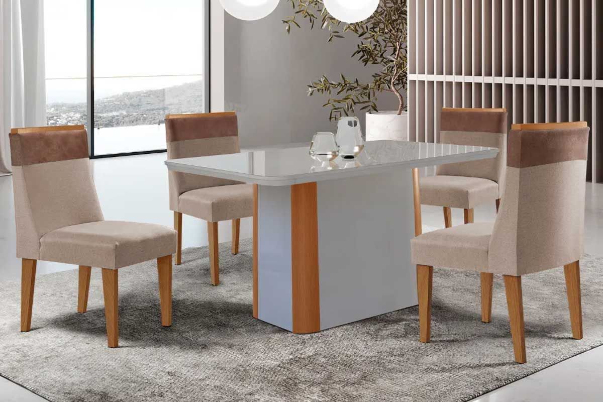 Sala Jantar Mesa Pietá Curvo 120cm + 4 Cadeiras Jaspe Madeira - Rufato