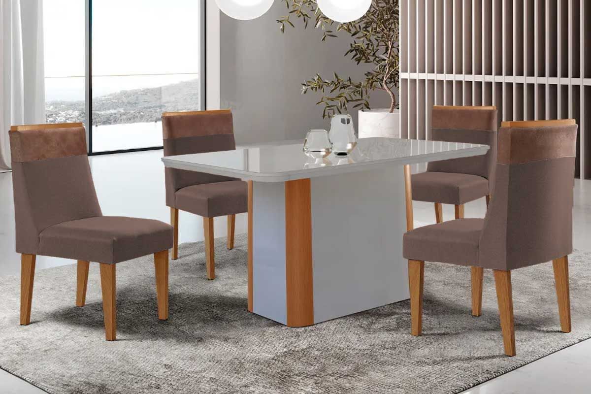 Sala Jantar Mesa Pietá Curvo 120cm + 4 Cadeiras Jaspe Madeira - Rufato