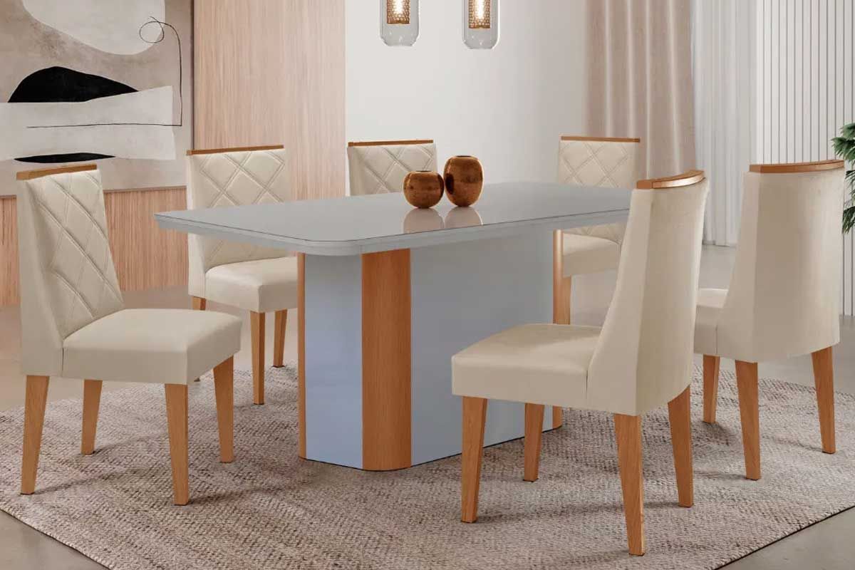 Sala Jantar Mesa Pietá Curvo 180cm + 6 Cadeiras Pietá Madeira - Rufato