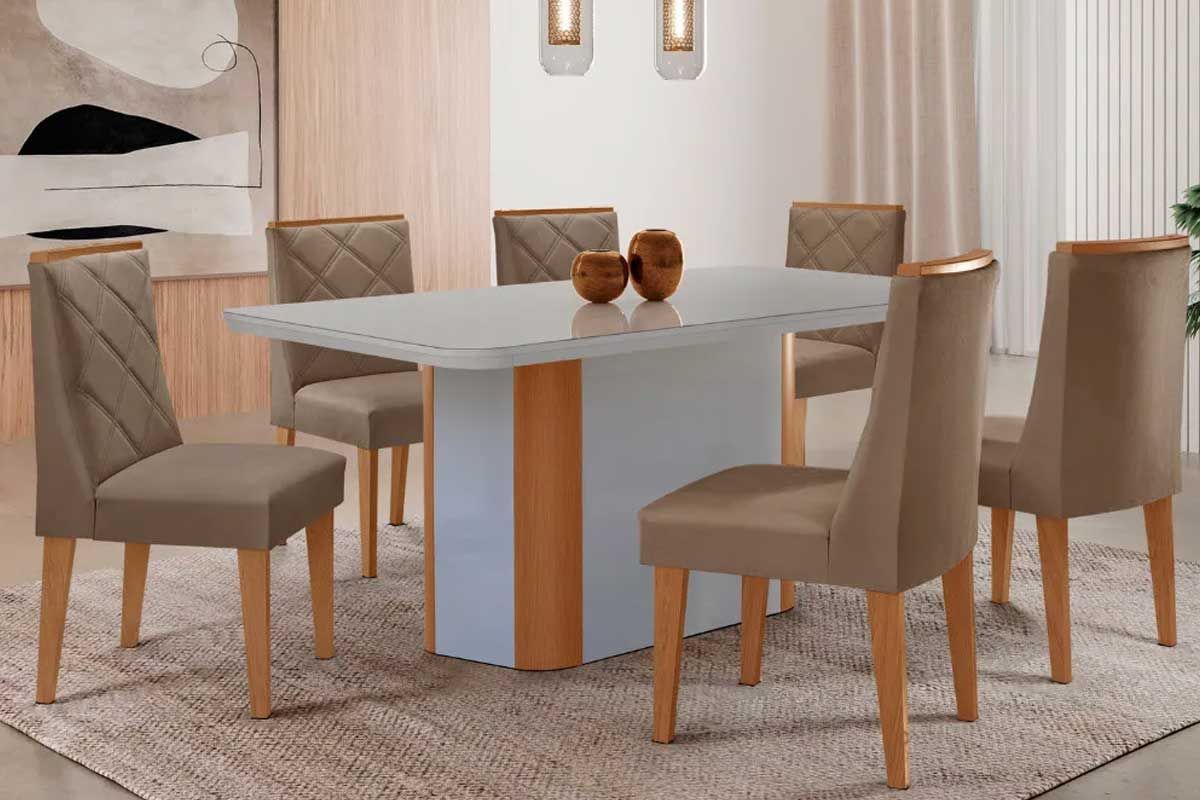Sala Jantar Mesa Pietá Curvo 180cm + 6 Cadeiras Pietá Madeira - Rufato