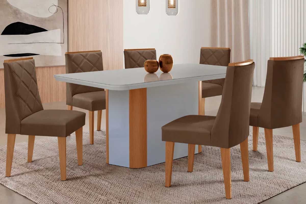 Sala Jantar Mesa Pietá Curvo 180cm + 6 Cadeiras Pietá Madeira - Rufato