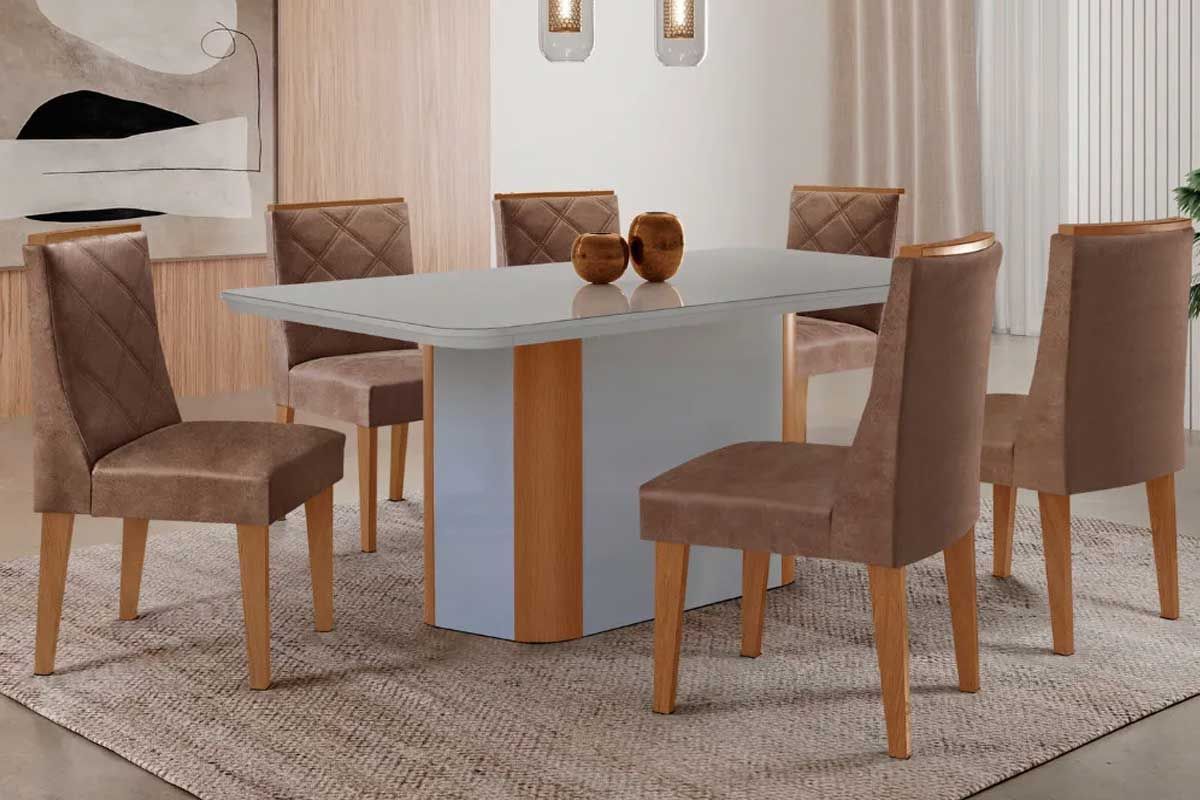 Sala Jantar Mesa Pietá Curvo 180cm + 6 Cadeiras Pietá Madeira - Rufato