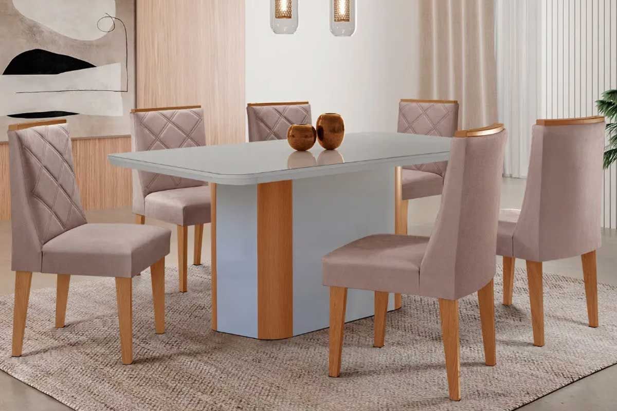 Sala Jantar Mesa Pietá Curvo 180cm + 6 Cadeiras Pietá Madeira - Rufato