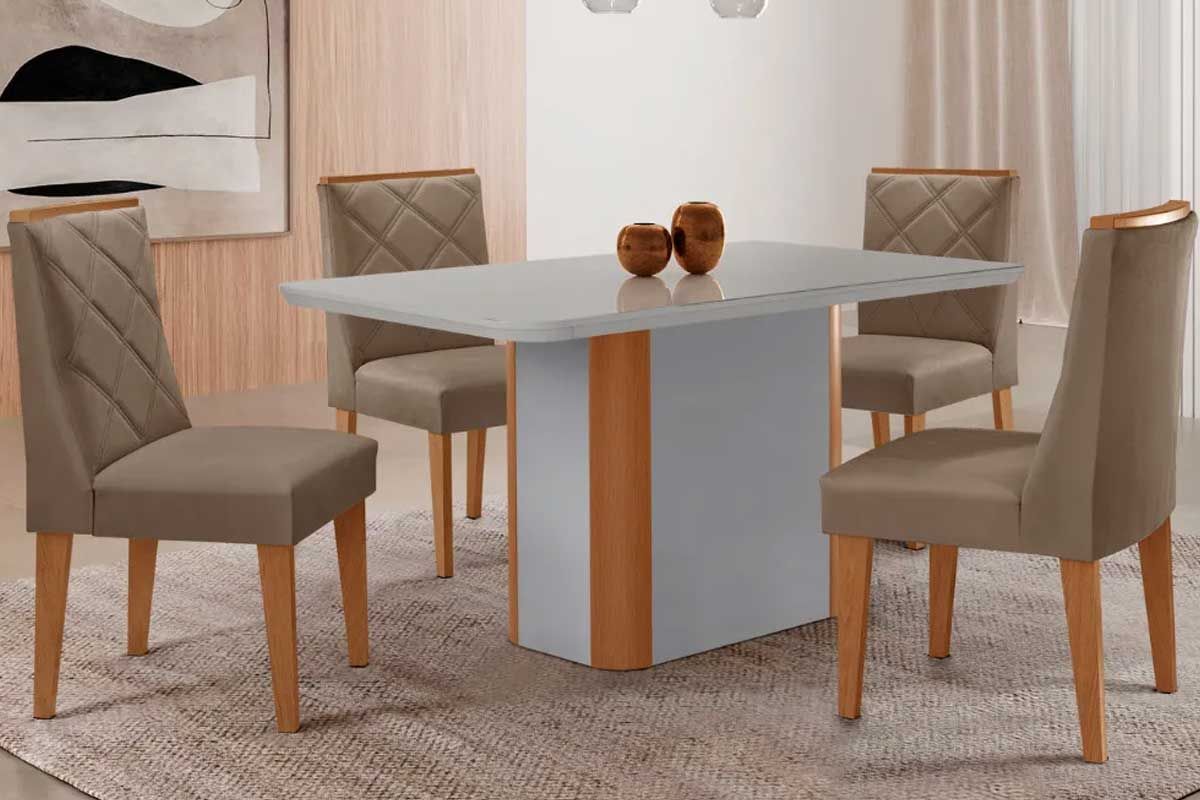 Sala Jantar Mesa Pietá Curvo 120cm + 4 Cadeiras Pietá Madeira - Rufato