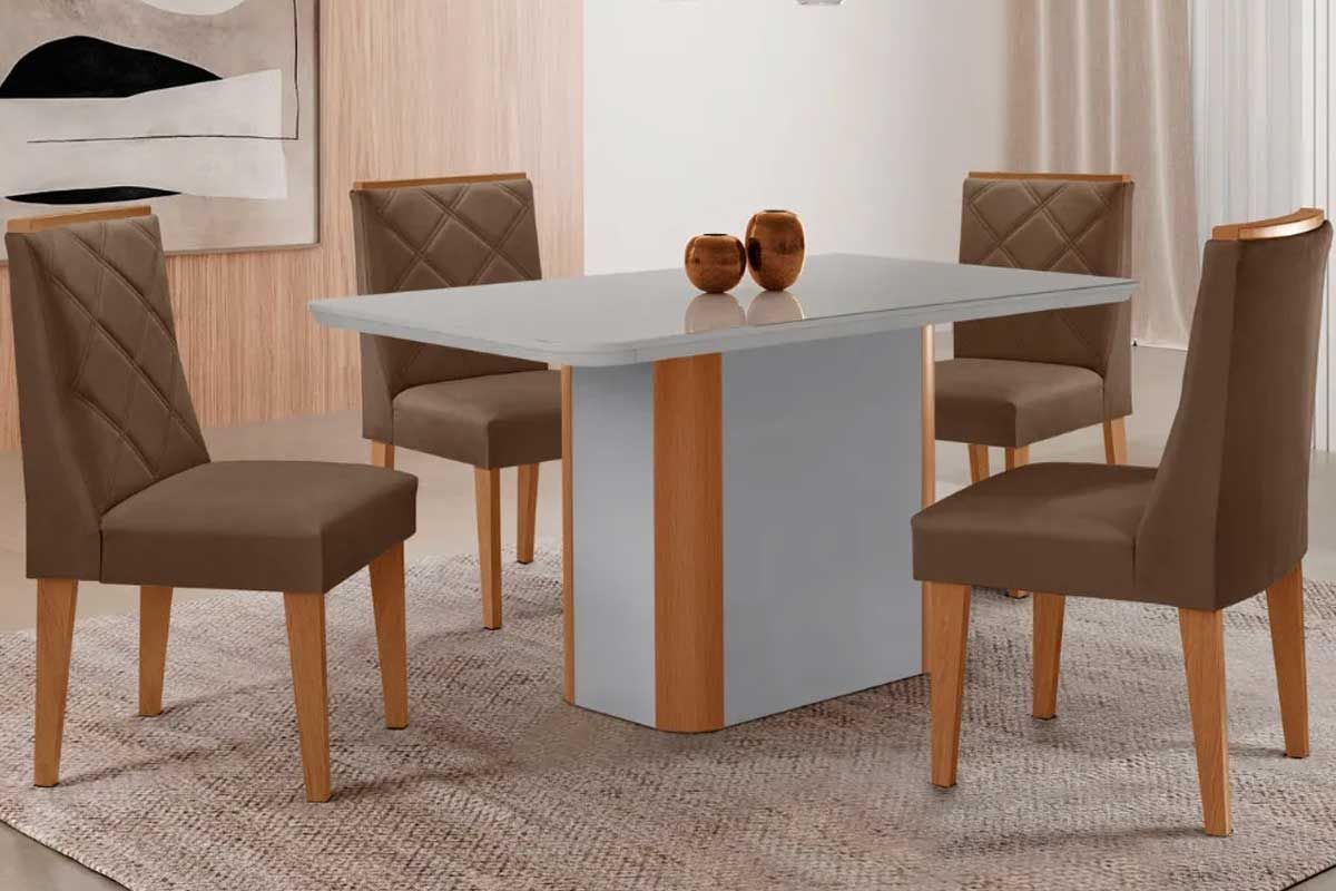 Sala Jantar Mesa Pietá Curvo 120cm + 4 Cadeiras Pietá Madeira - Rufato