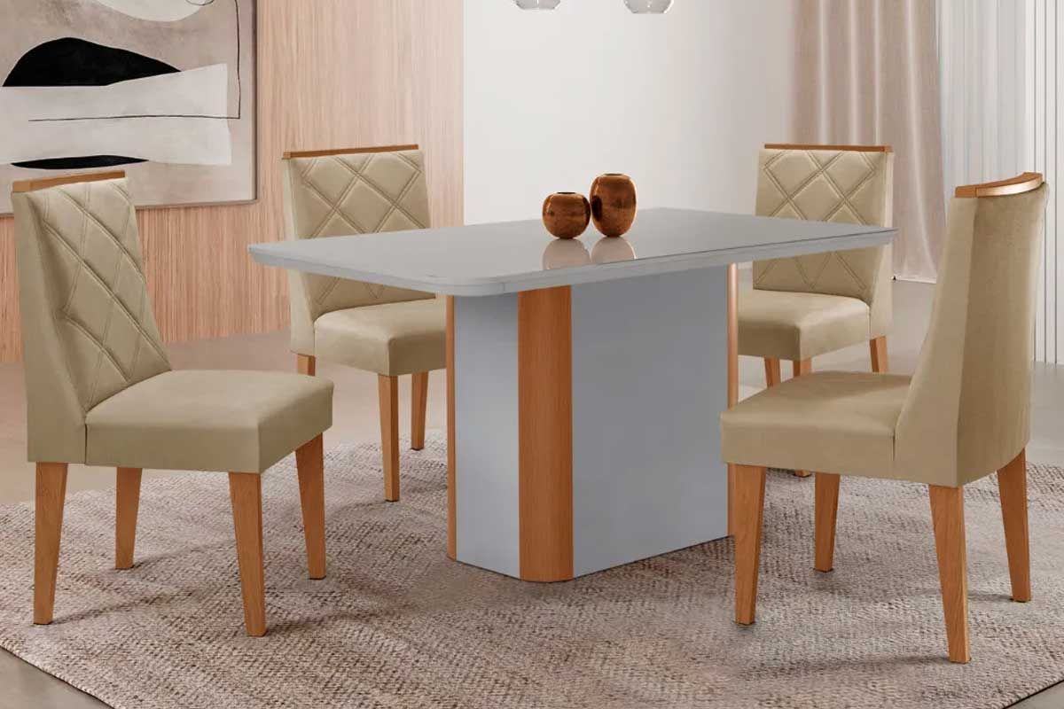 Sala Jantar Mesa Pietá Curvo 120cm + 4 Cadeiras Pietá Madeira - Rufato