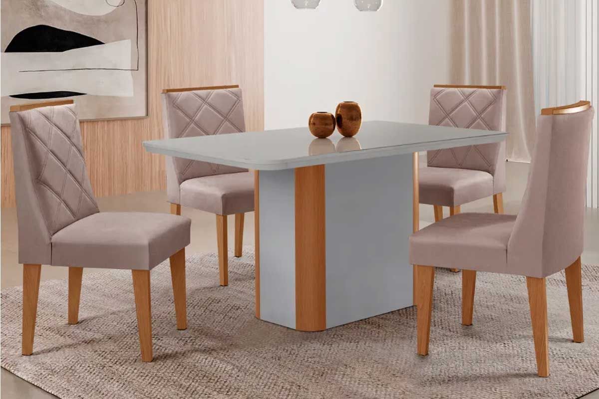 Sala Jantar Mesa Pietá Curvo 120cm + 4 Cadeiras Pietá Madeira - Rufato