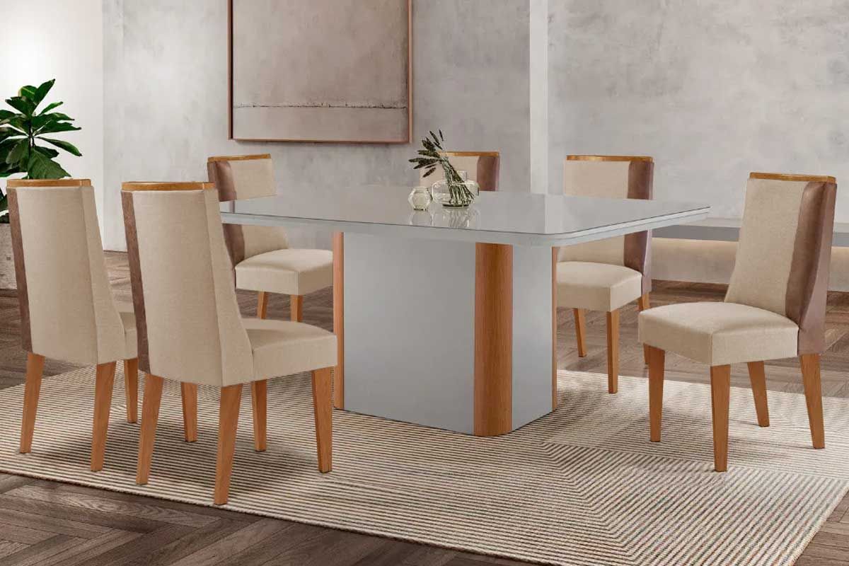 Sala de Jantar Completa Pietá c/ Tampo Madeirado c/ Vidro Canto Curvo 180x90cm e 6 Cadeiras Tilia Madeira Maciça - Rufato