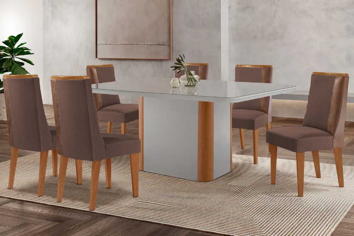 Sala de Jantar Completa Pietá c/ Tampo Madeirado c/ Vidro Canto Curvo 180x90cm e 6 Cadeiras Tilia Madeira Maciça - Rufato