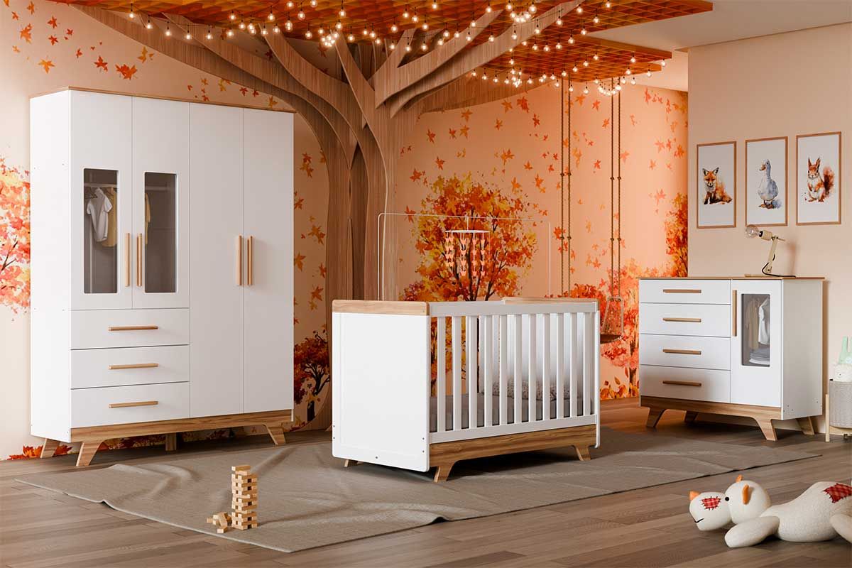 Quarto Infantil Completo Retrô 3 Peças (1GuardaRoupa+1Berço+1Cômoda) QI112 Peroba