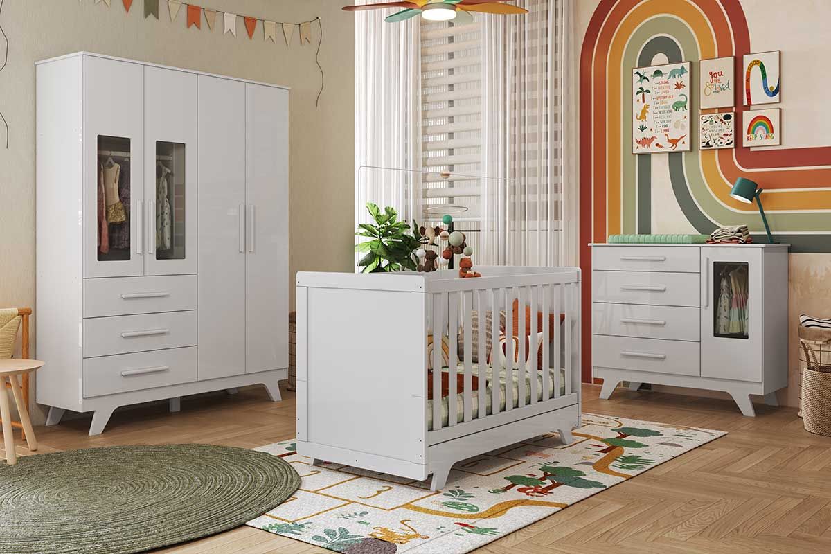 Quarto Infantil Completo Retrô 3 Peças (1GuardaRoupa+1Berço+1Cômoda) QI112 Peroba