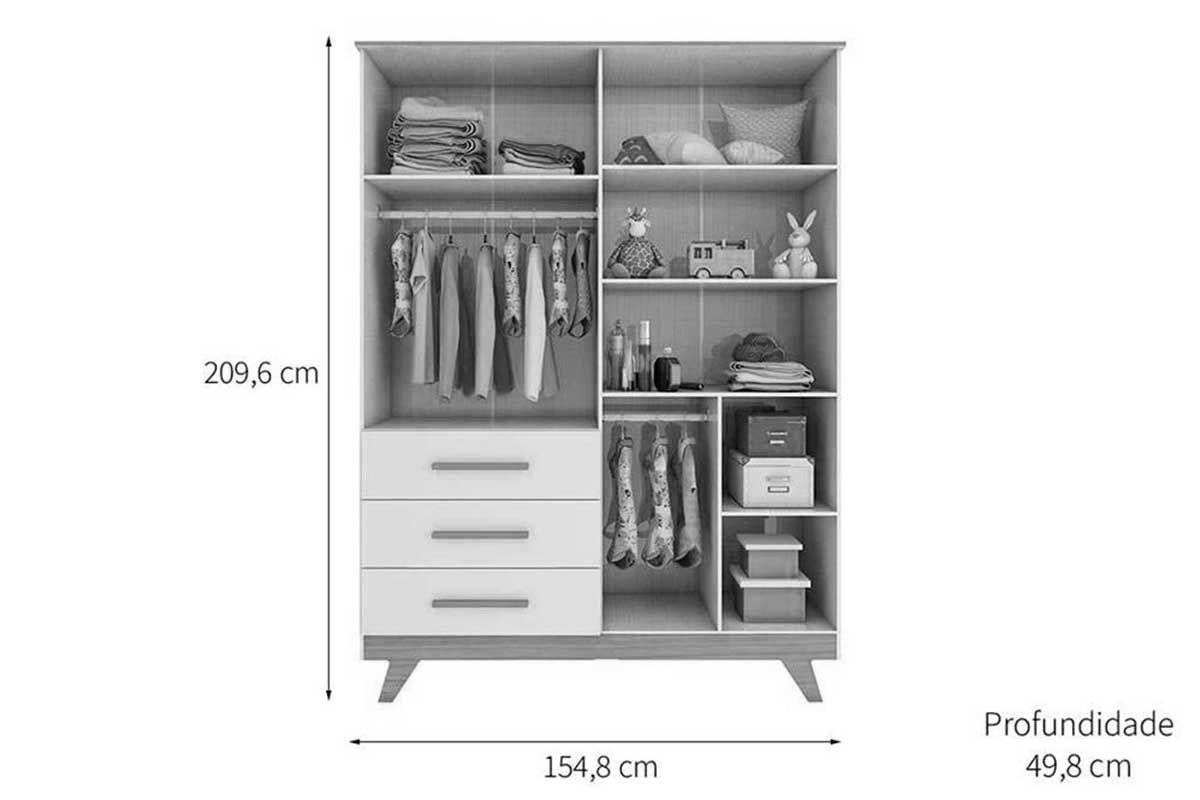 Quarto Infantil Completo Retrô 3 Peças (1GuardaRoupa+1Berço+1Cômoda) QI112 Peroba