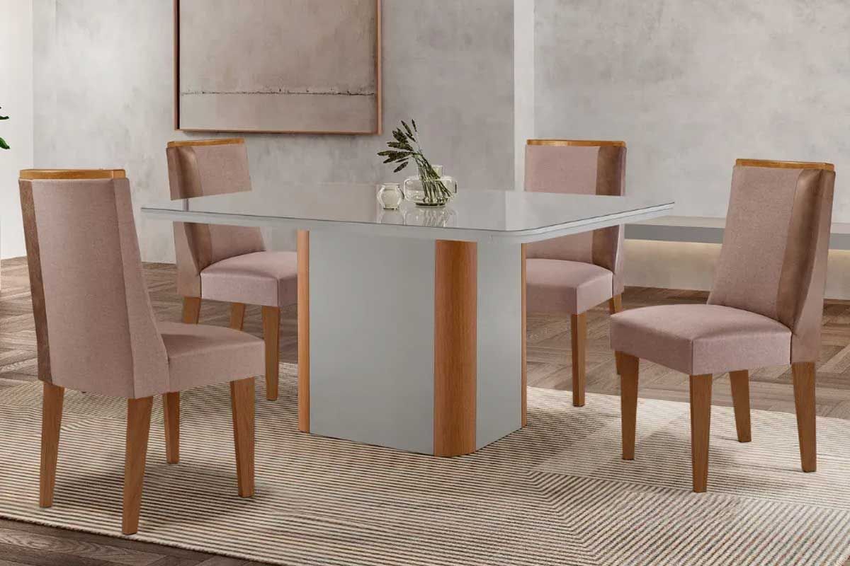 Sala de Jantar Completa Pietá c/ Tampo Madeirado c/ Vidro Canto Curvo 120x80cm e 4 Cadeiras Tilia Madeira Maciça - Rufato