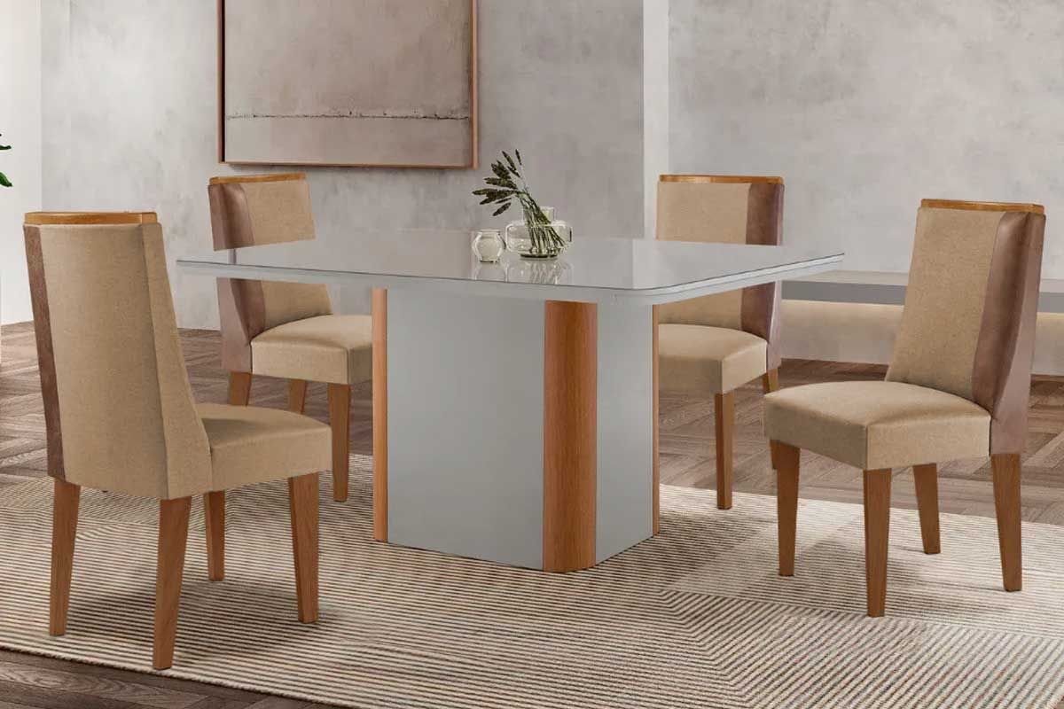 Sala de Jantar Completa Pietá c/ Tampo Madeirado c/ Vidro Canto Curvo 120x80cm e 4 Cadeiras Tilia Madeira Maciça - Rufato