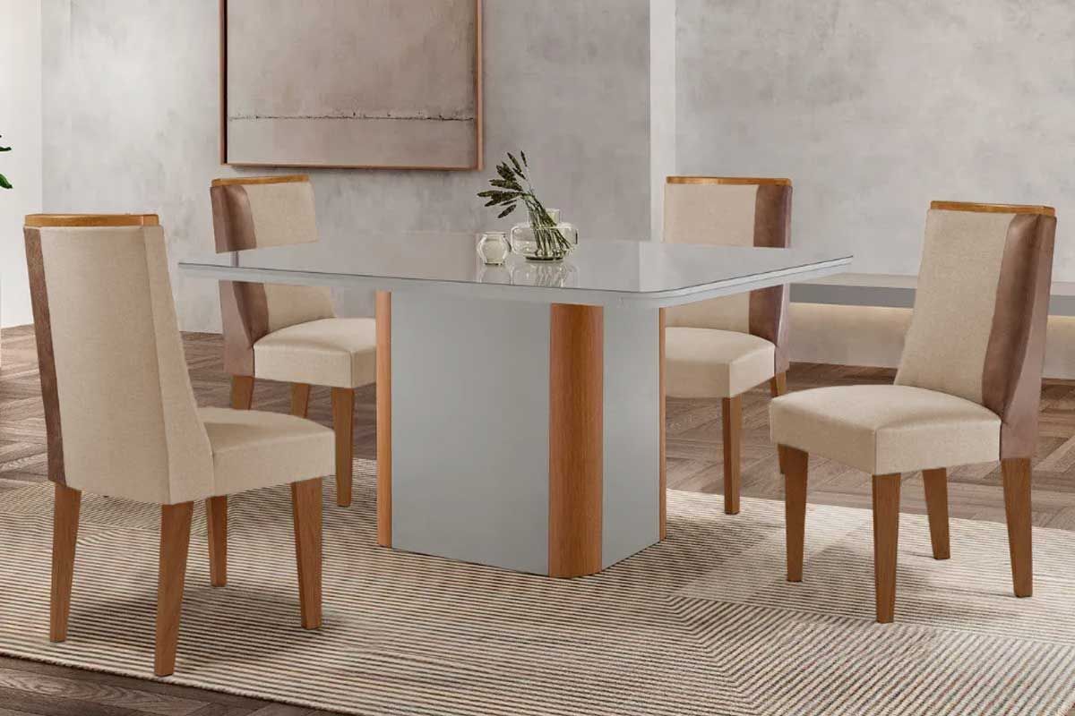 Sala de Jantar Completa Pietá c/ Tampo Madeirado c/ Vidro Canto Curvo 120x80cm e 4 Cadeiras Tilia Madeira Maciça - Rufato