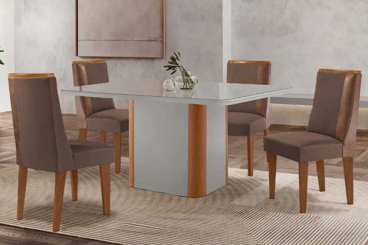 Sala de Jantar Completa Pietá c/ Tampo Madeirado c/ Vidro Canto Curvo 120x80cm e 4 Cadeiras Tilia Madeira Maciça - Rufato