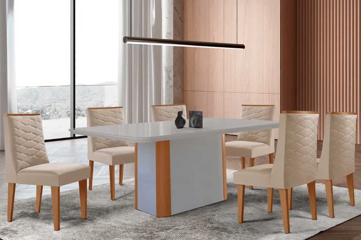 Sala Jantar Mesa Pietá Curvo 180cm + 6 Cadeiras Dafne Madeira - Rufato