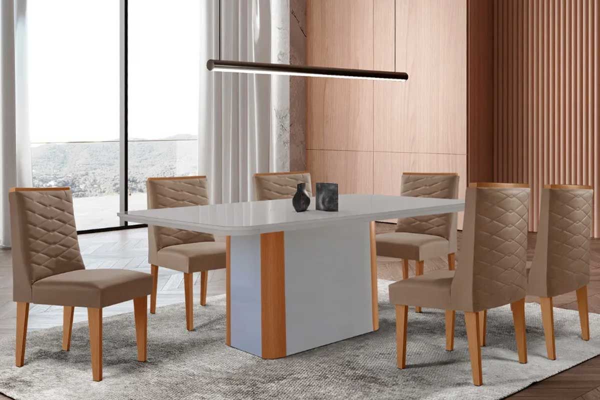 Sala Jantar Mesa Pietá Curvo 180cm + 6 Cadeiras Dafne Madeira - Rufato