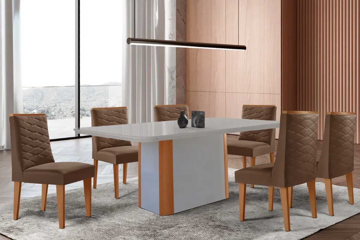 Sala Jantar Mesa Pietá Curvo 180cm + 6 Cadeiras Dafne Madeira - Rufato