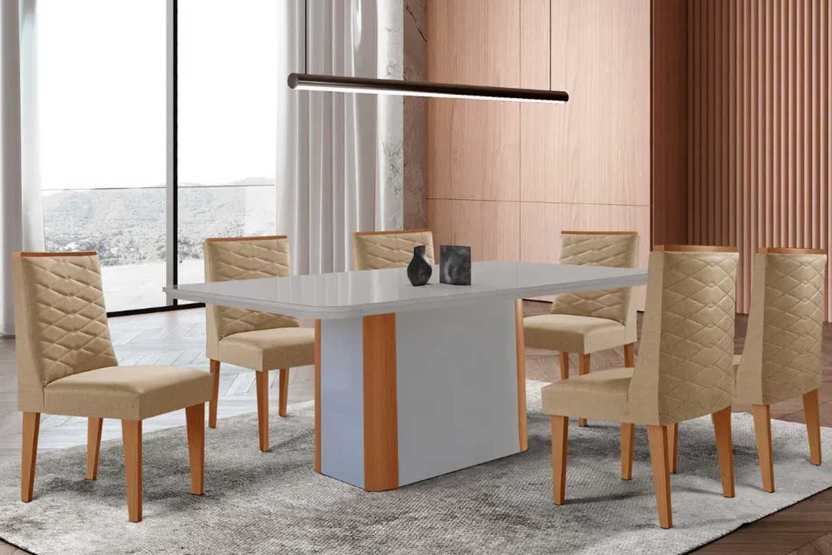 Sala Jantar Mesa Pietá Curvo 180cm + 6 Cadeiras Dafne Madeira - Rufato