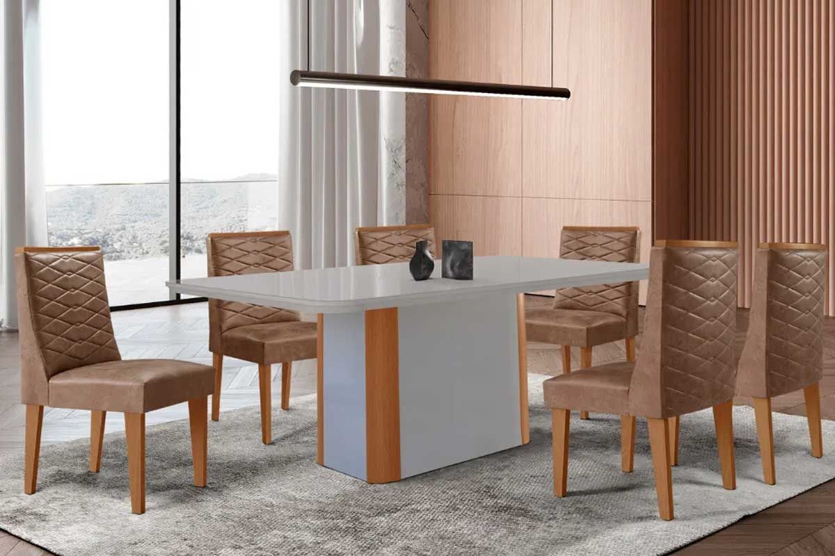 Sala Jantar Mesa Pietá Curvo 180cm + 6 Cadeiras Dafne Madeira - Rufato