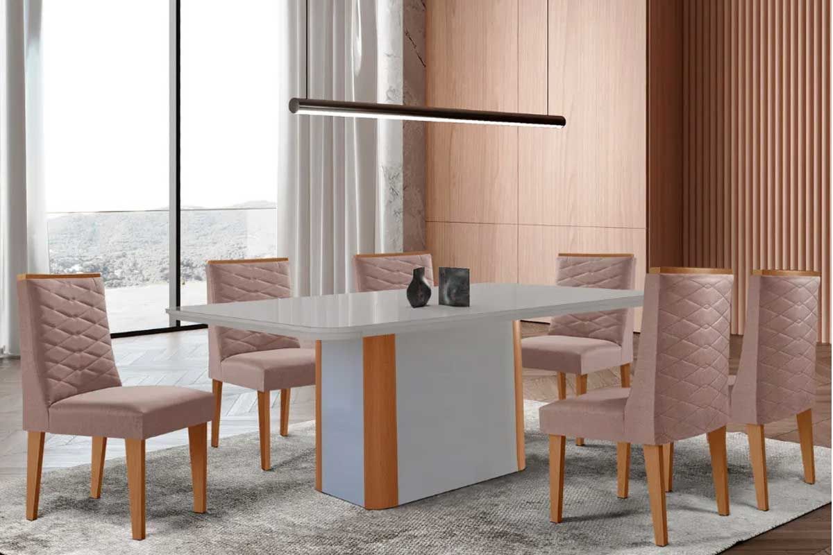 Sala Jantar Mesa Pietá Curvo 180cm + 6 Cadeiras Dafne Madeira - Rufato