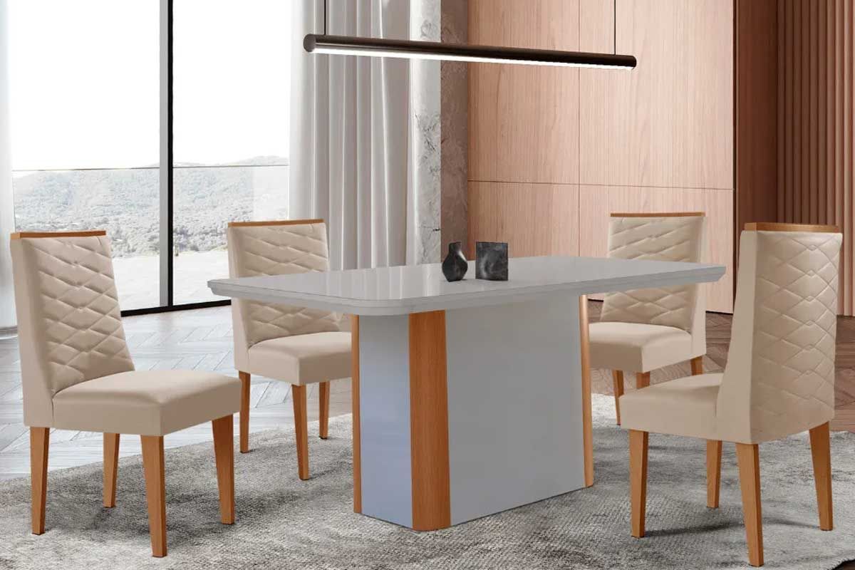 Sala Jantar Mesa Pietá Curvo 120cm + 4 Cadeiras Dafne Madeira - Rufato