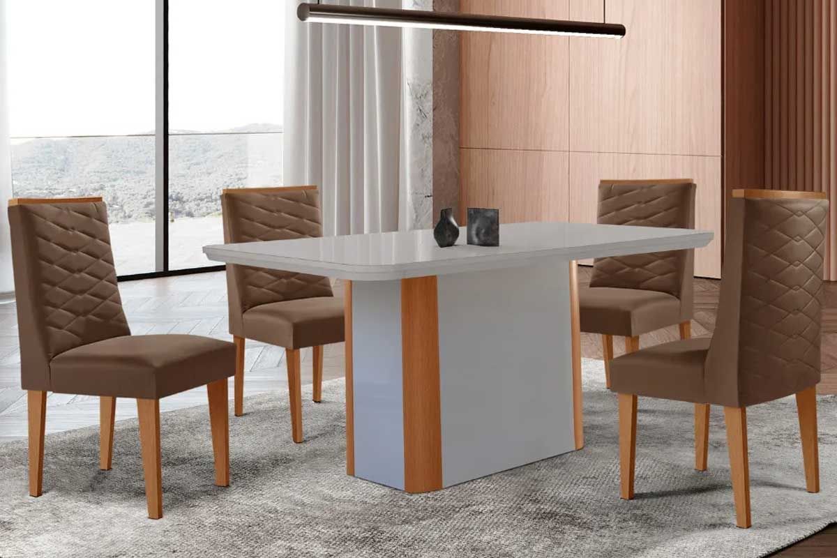 Sala Jantar Mesa Pietá Curvo 120cm + 4 Cadeiras Dafne Madeira - Rufato