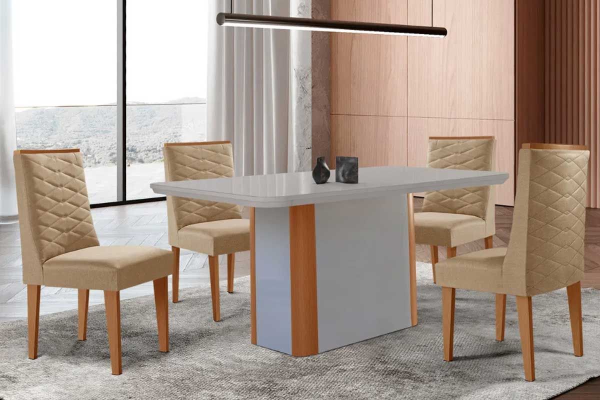 Sala Jantar Mesa Pietá Curvo 120cm + 4 Cadeiras Dafne Madeira - Rufato