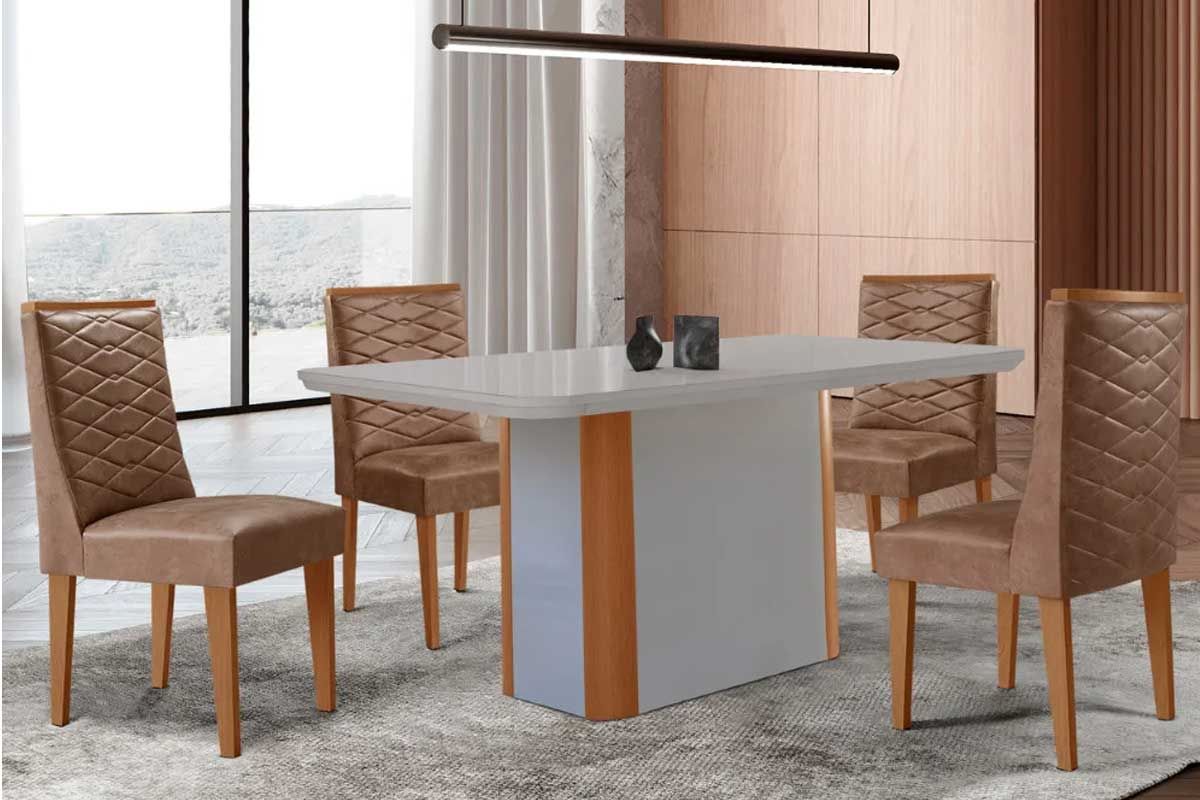 Sala Jantar Mesa Pietá Curvo 120cm + 4 Cadeiras Dafne Madeira - Rufato