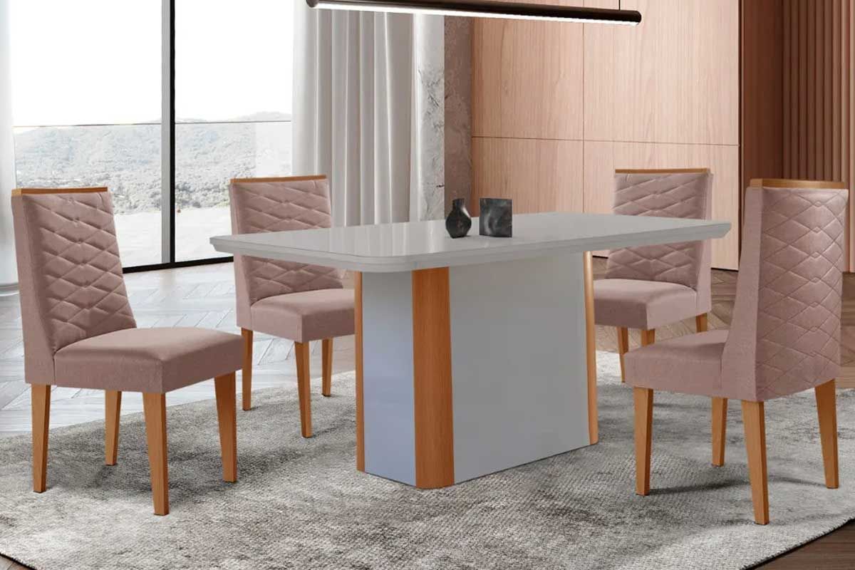 Sala Jantar Mesa Pietá Curvo 120cm + 4 Cadeiras Dafne Madeira - Rufato