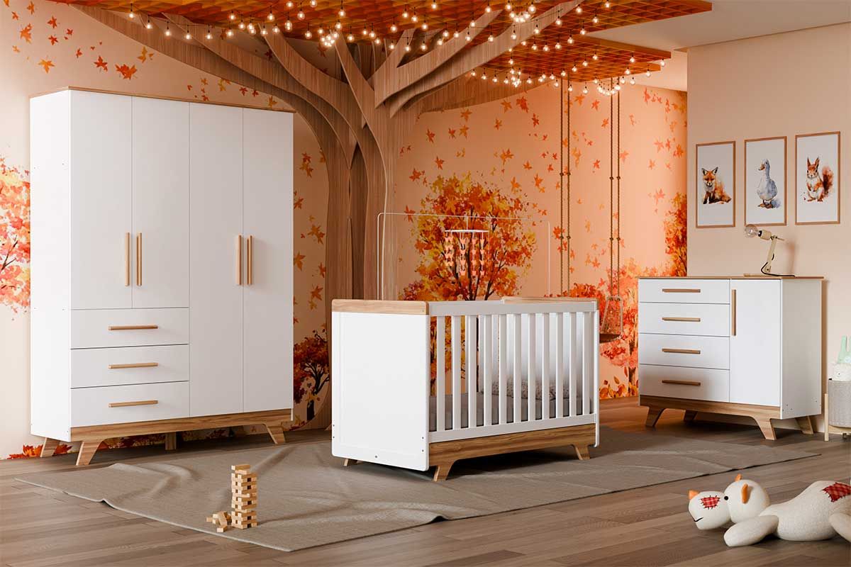 Quarto Infantil Completo Retrô 3 Peças (1GuardaRoupa+1Berço+1Cômoda) QI114 Peroba