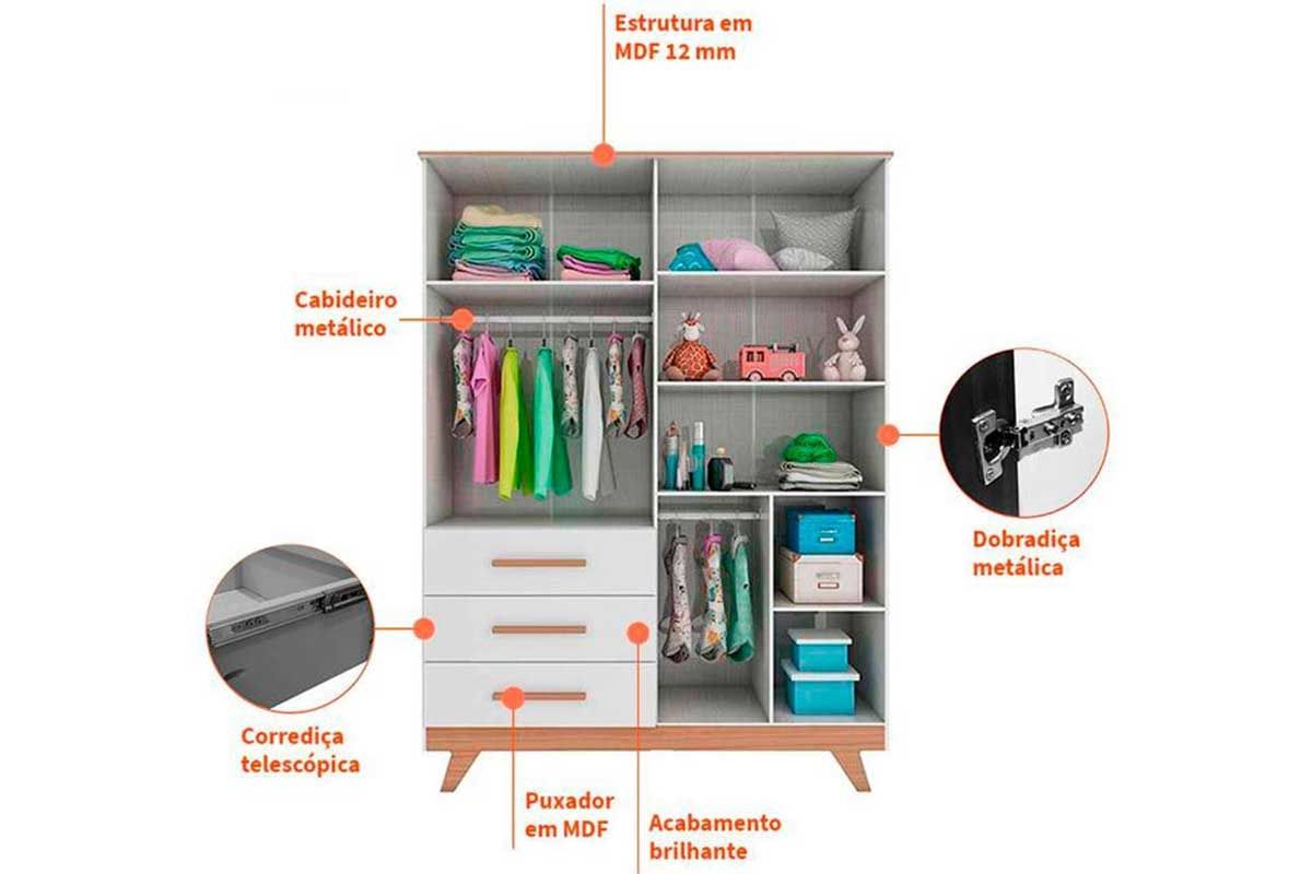 Quarto Infantil Completo Retrô 3 Peças (1GuardaRoupa+1Berço+1Cômoda) QI114 Peroba