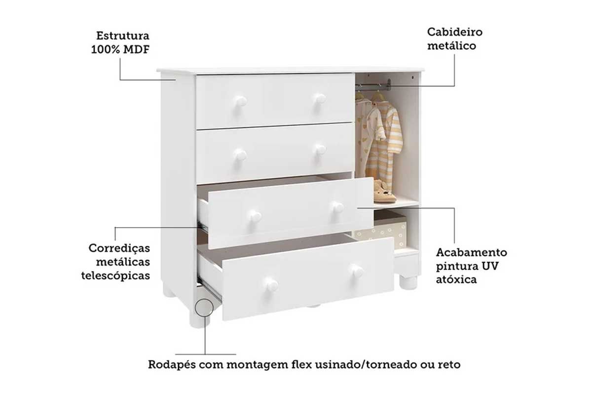 Cômoda Infantil Junior c/1 Porta e 4 Gavetas - Peroba