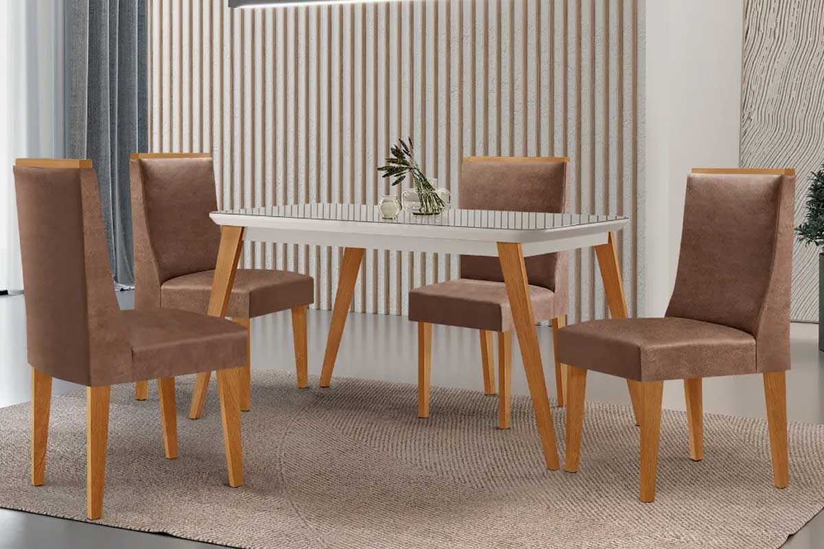Sala Jantar Mesa Havana Canto Curvo 120cm + 4 Cadeiras Dakota - Rufato