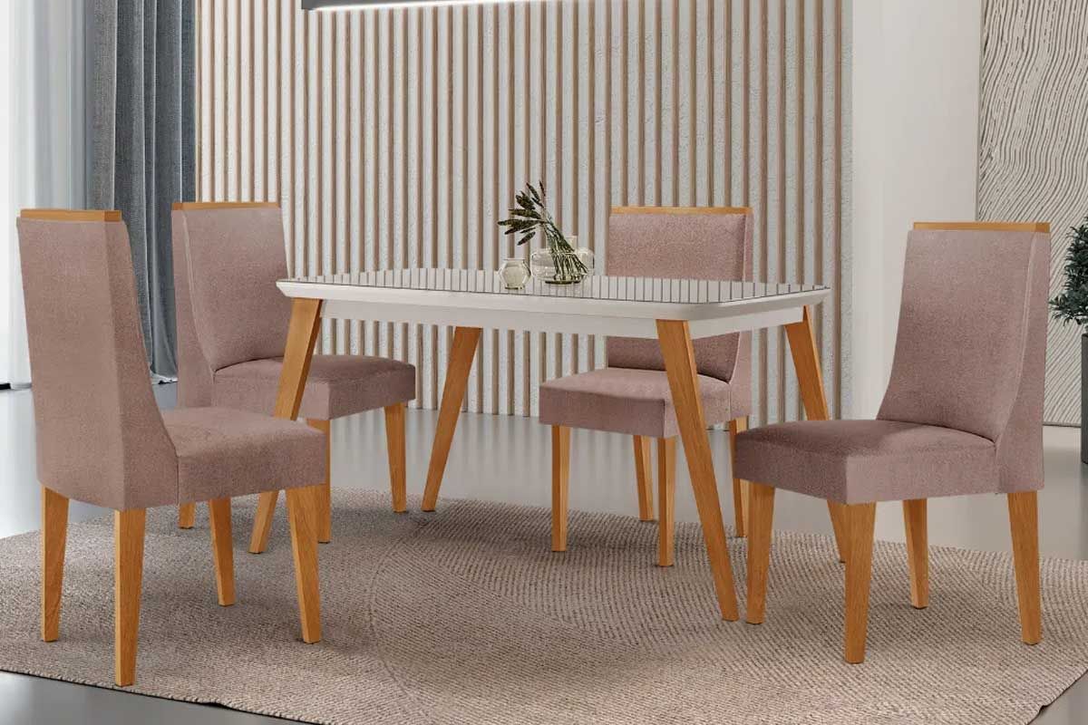 Sala Jantar Mesa Havana Canto Curvo 120cm + 4 Cadeiras Dakota - Rufato